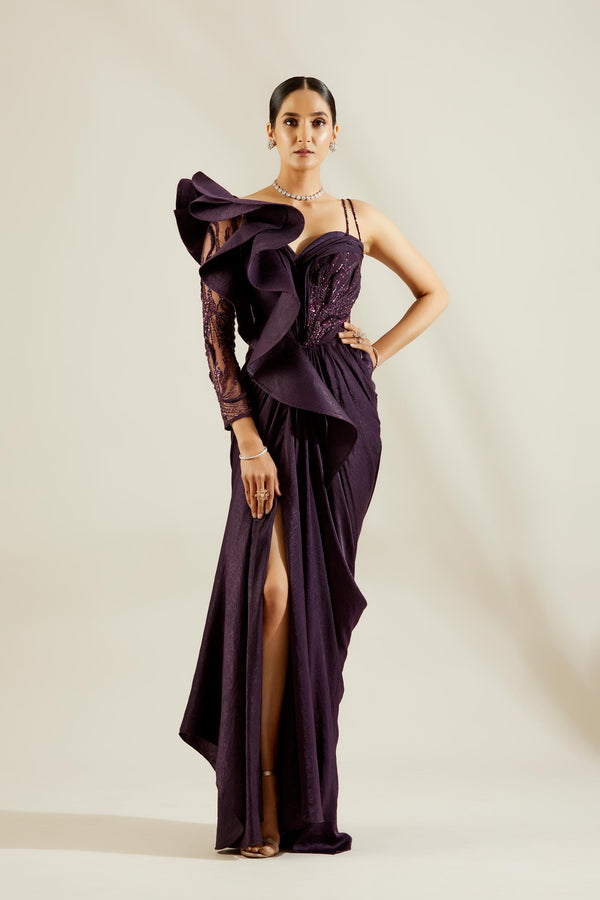 Purple One Off Shoulder Saree Gown