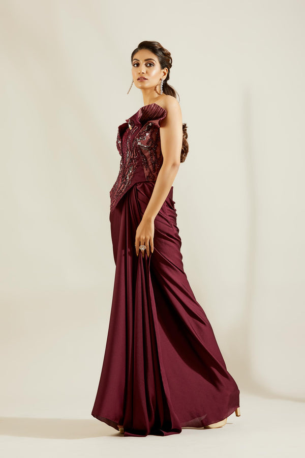 sculpted wine corset saree gown